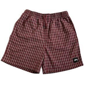 Stüssy Men’s Burgundy Plaid Checkered Drawstring Waist 6” Inseam Shorts- Size 32